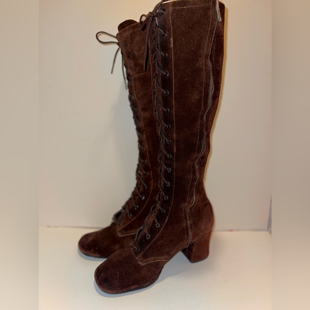True Vintage Sbicca 1960s Calfskin Suede Go Go Boots Lace Up Zipper Boho Swag